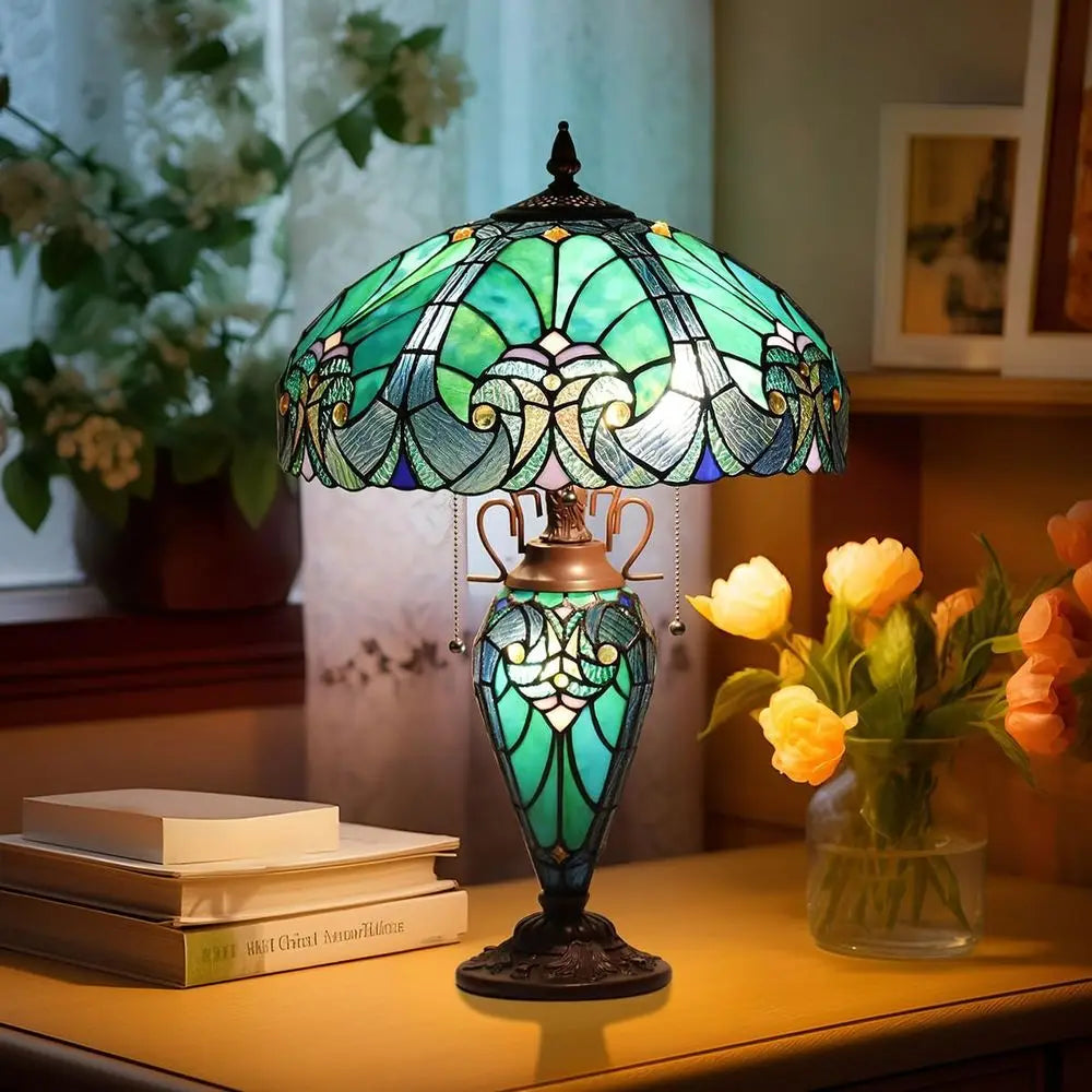 16 Inch Large Stained Glass Desk Lamp with Night Light, Victorian Sea Green Antique Style, 3-Light Living Room/Bedroom/Office Fi