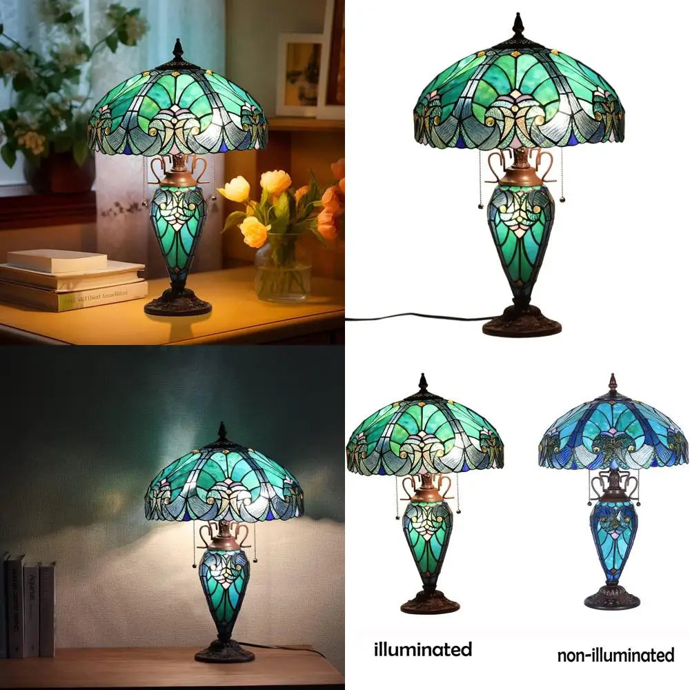 16 Inch Large Stained Glass Desk Lamp with Night Light, Victorian Sea Green Antique Style, 3-Light Living Room/Bedroom/Office Fi