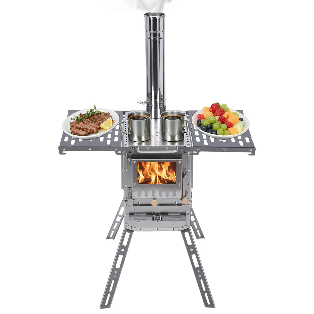 Wood-Burning Camping Tent Stove with Oven Table Spark Arrestor 908 Cu.Inch Firebox Adjustable Intake with Chimney for Outdoor Ad