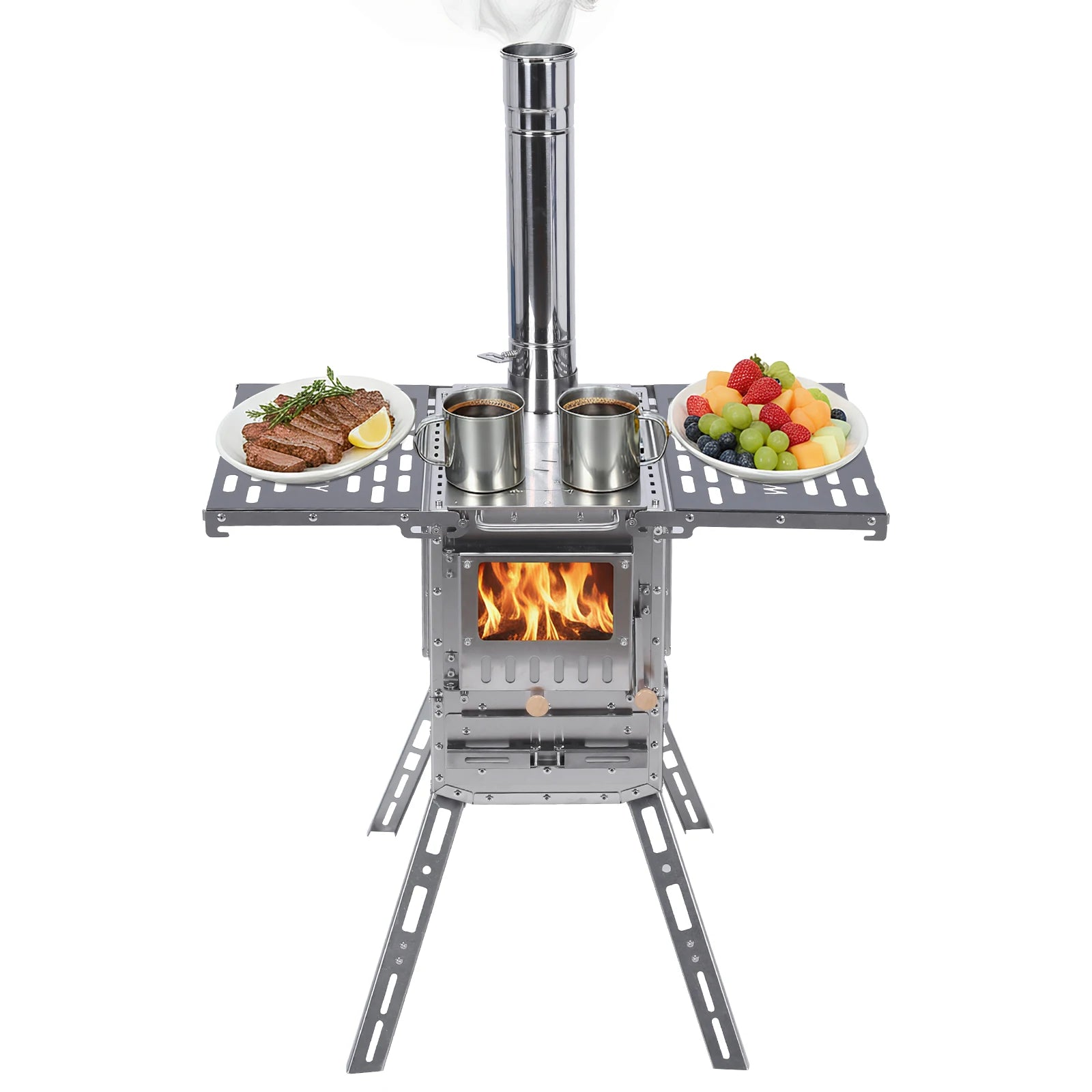 Wood-Burning Camping Tent Stove with Oven Table Spark Arrestor 908 Cu.Inch Firebox Adjustable Intake with Chimney for Outdoor Ad