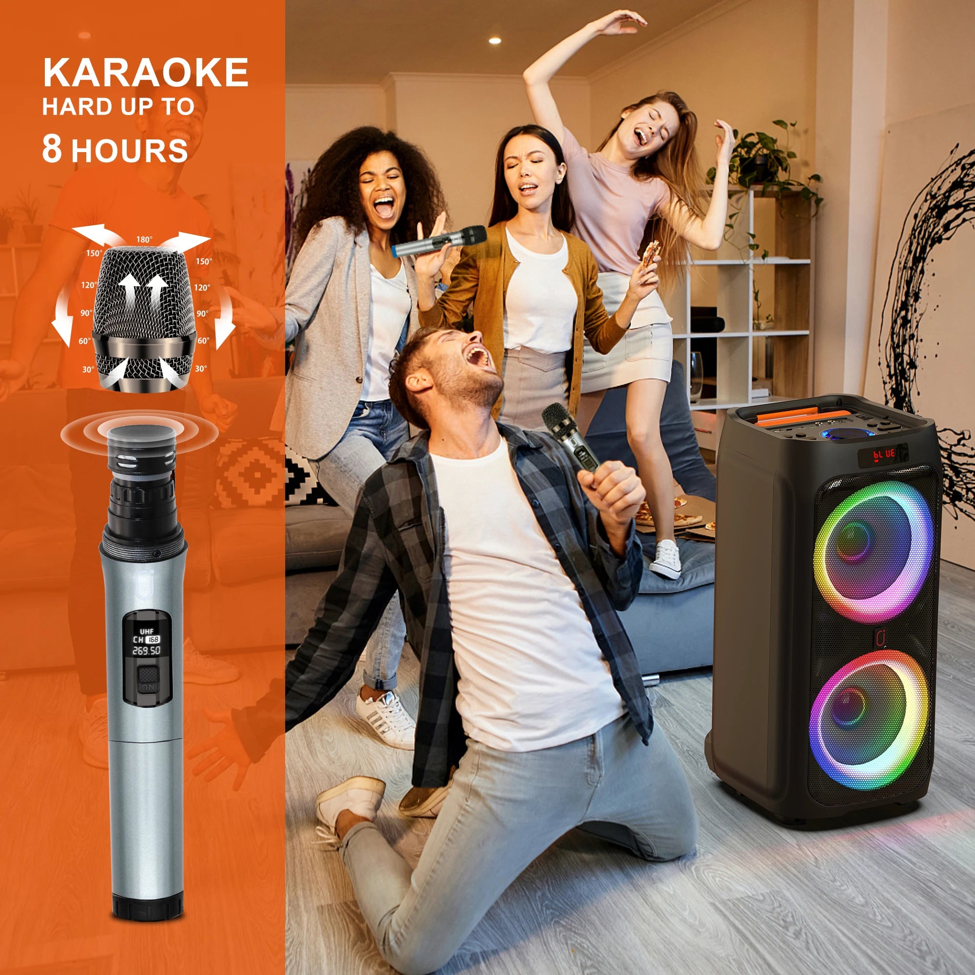T9Karaoke Machine with 2 Wireless Microphones,Portable Bluetooth Speaker for Adults & Kids,Big Party PA System with Disco Lights