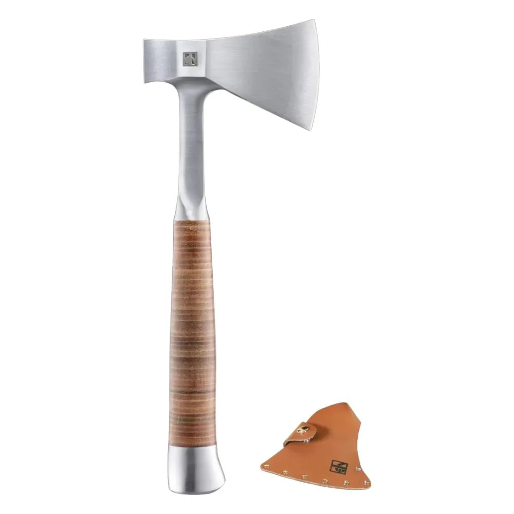 Hand Axe, Forged All-Metal Hatchet with Leather Handle & Belt Bag – Sharp Heat-Treated Steel Blade, Includes Leather Shea