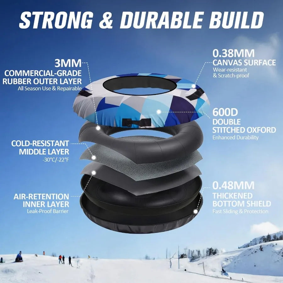 Snow Tube, 45" Rubber Snow Tubes with Commercial Grade Canvas Cover for Kids & Adults, Inflatable Heavy Duty Snow Sled Thicken