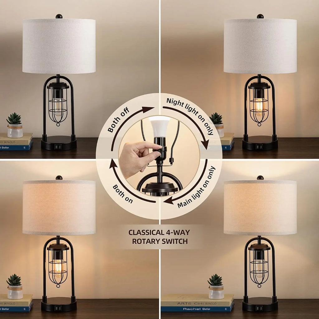 Set of 2 Modern Table Lamps with USB Ports & Night Light for Bedroom Living Room (Bulbs Included)