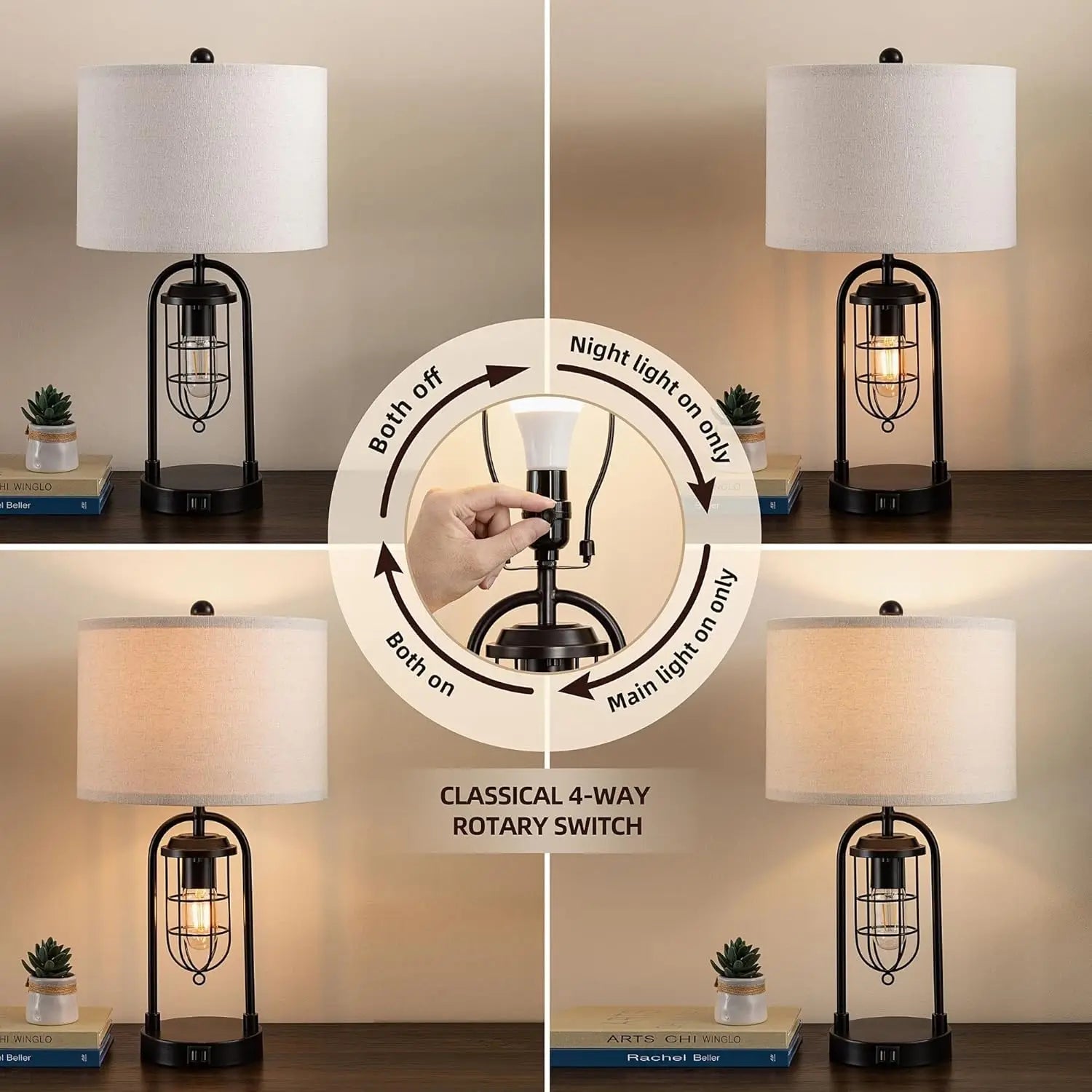 Set of 2 Modern Table Lamps with USB Ports & Night Light for Bedroom Living Room (Bulbs Included)