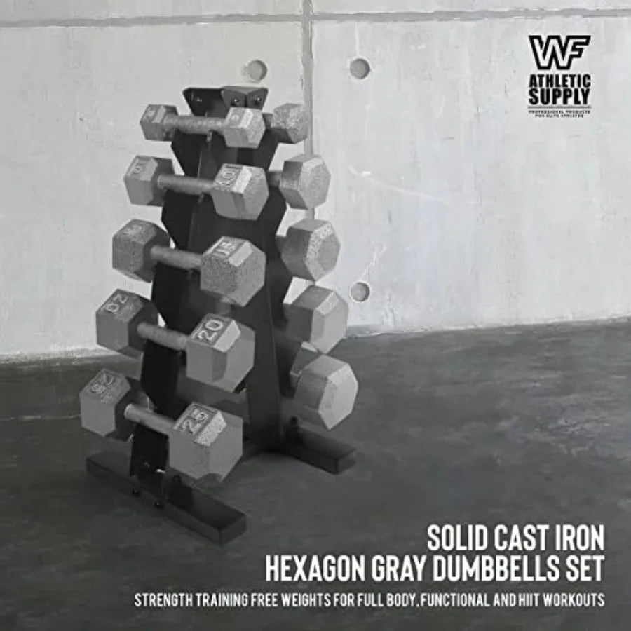 5-25 Lb Cast Iron Dumbbells Set with A Frame Storage Rack Solid Gray/Black Hexagon Free Weights for Weight Lifting Strength Tra