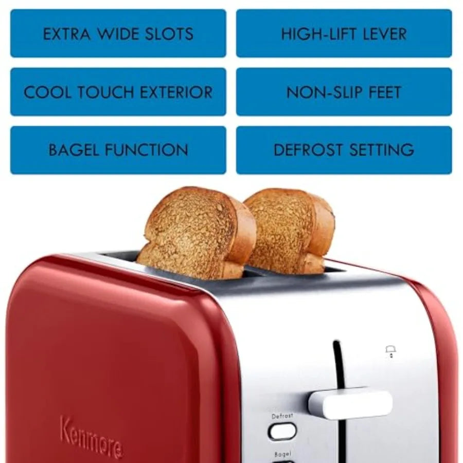 2-Slice Toaster in Stainless Steel with Red and Silver Finish Extra Wide Slots Self-Adjusting Bread Guides Defrost Bagel Functi