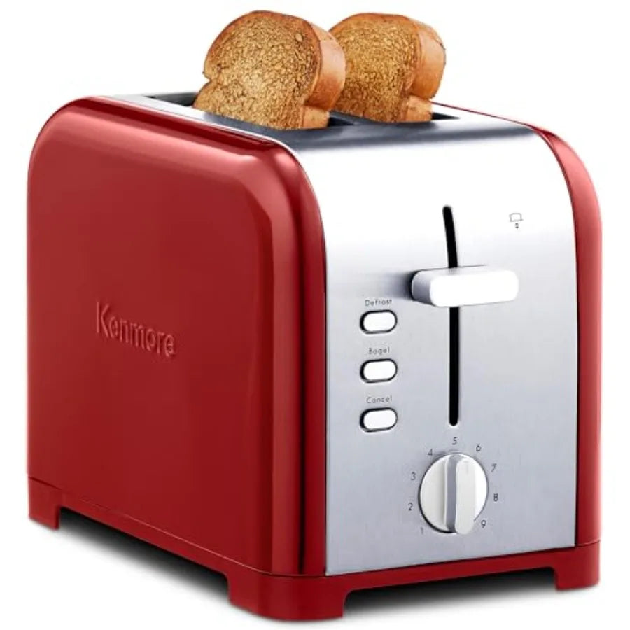 2-Slice Toaster in Stainless Steel with Red and Silver Finish Extra Wide Slots Self-Adjusting Bread Guides Defrost Bagel Functi