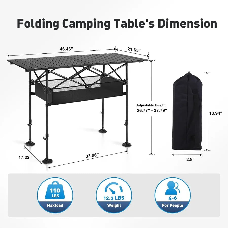 Folding Camping Table Portable Rollup Table with Adjustable Height Large Storage Bag and Carrying Bag Tall Aluminum Table for I