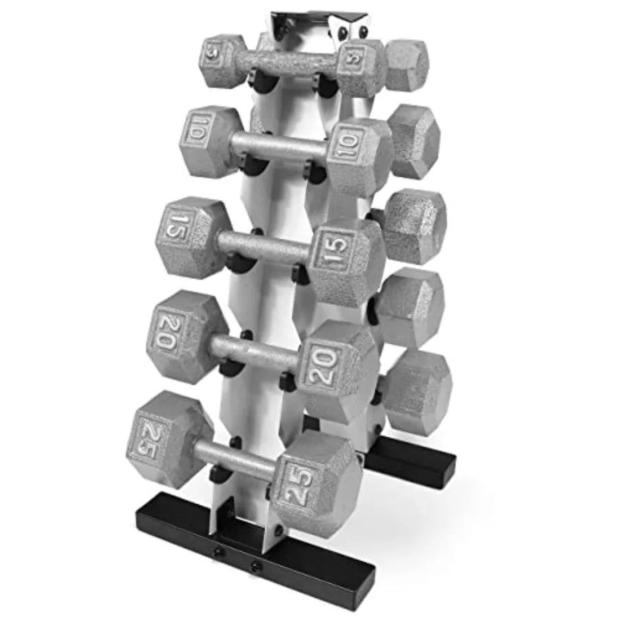 5-25 Lb Cast Iron Dumbbells Set with A Frame Storage Rack Solid Gray/Black Hexagon Free Weights for Weight Lifting Strength Tra