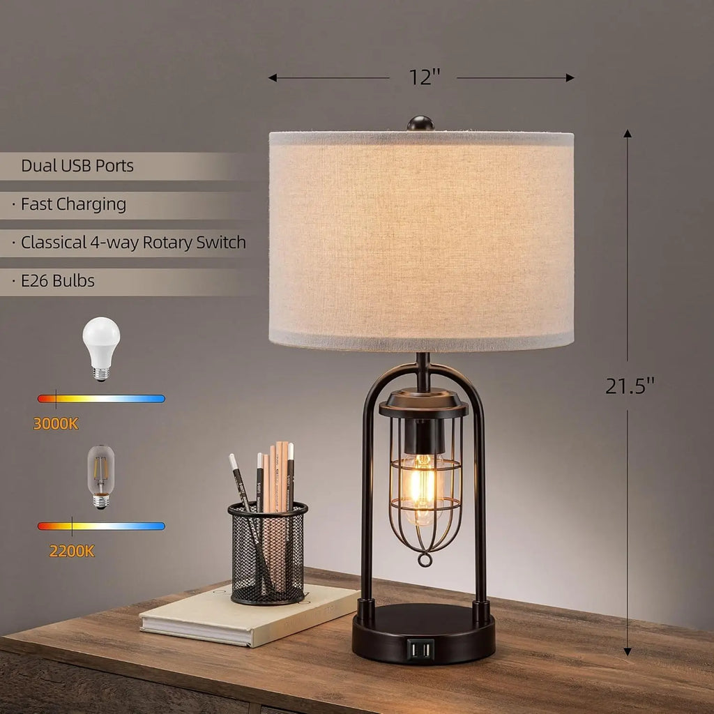 Set of 2 Modern Farmhouse Table Lamps with USB Ports and Night Light for Living Room Bedroom (Bulbs Included)