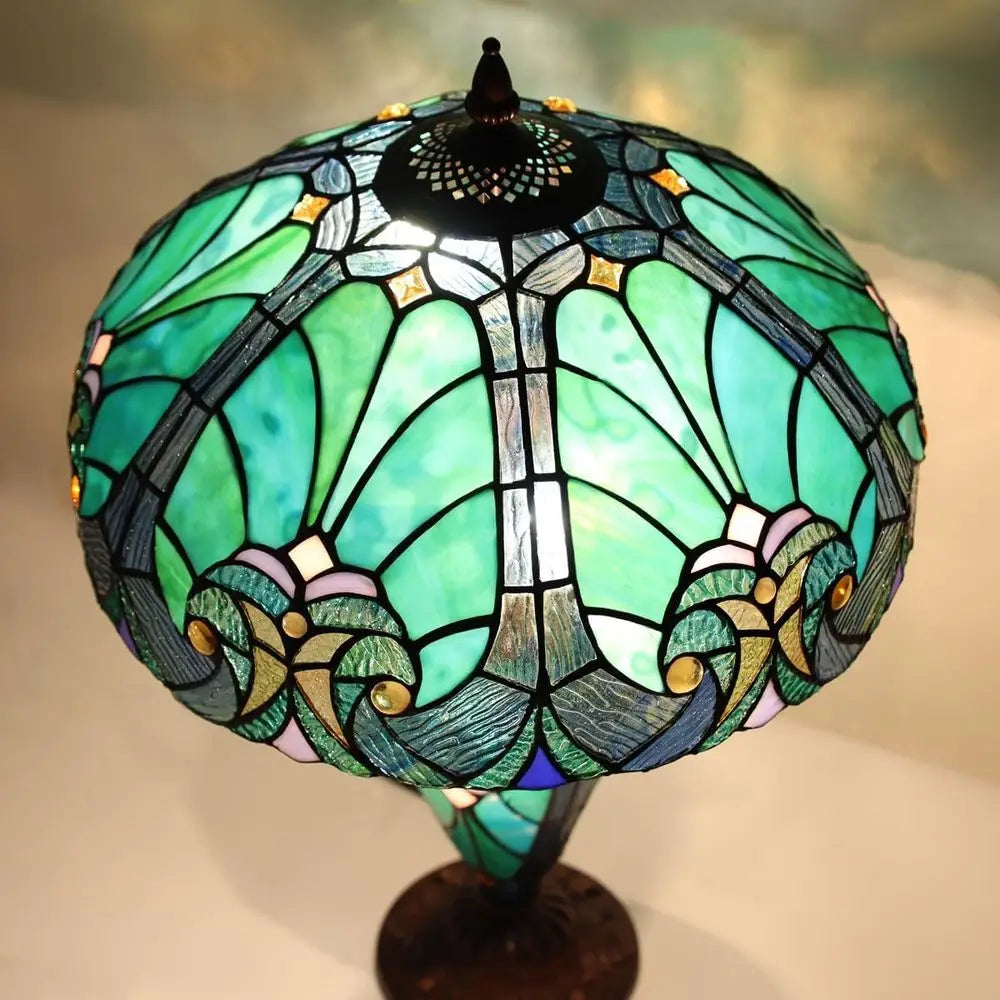 16 Inch Large Stained Glass Desk Lamp with Night Light, Victorian Sea Green Antique Style, 3-Light Living Room/Bedroom/Office Fi