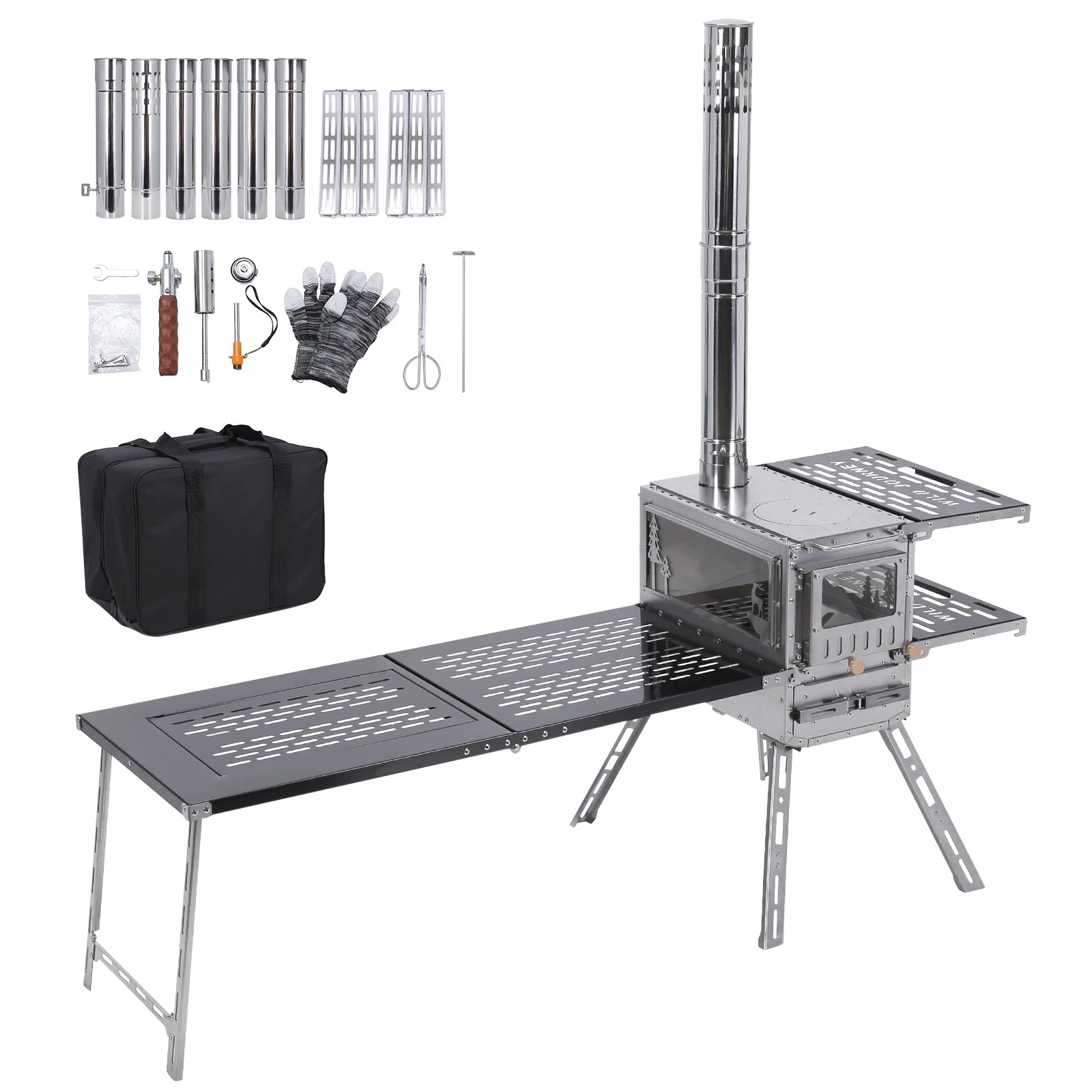 Wood-Burning Camping Tent Stove with Oven Table Spark Arrestor 908 Cu.Inch Firebox Adjustable Intake with Chimney for Outdoor Ad