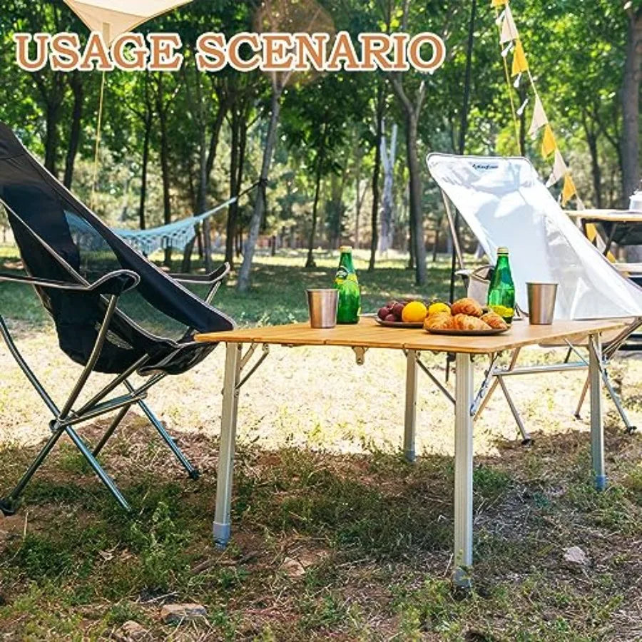 Bamboo Camping Table with Adjustable Height Aluminum Legs Heavy Duty 176lbs 4Fold Portable Foldable Camp Tables for Tr
