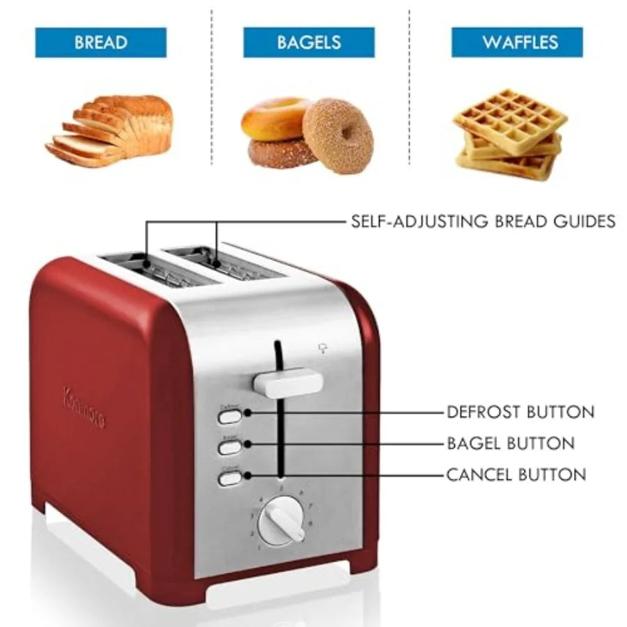 2-Slice Toaster in Stainless Steel with Red and Silver Finish Extra Wide Slots Self-Adjusting Bread Guides Defrost Bagel Functi