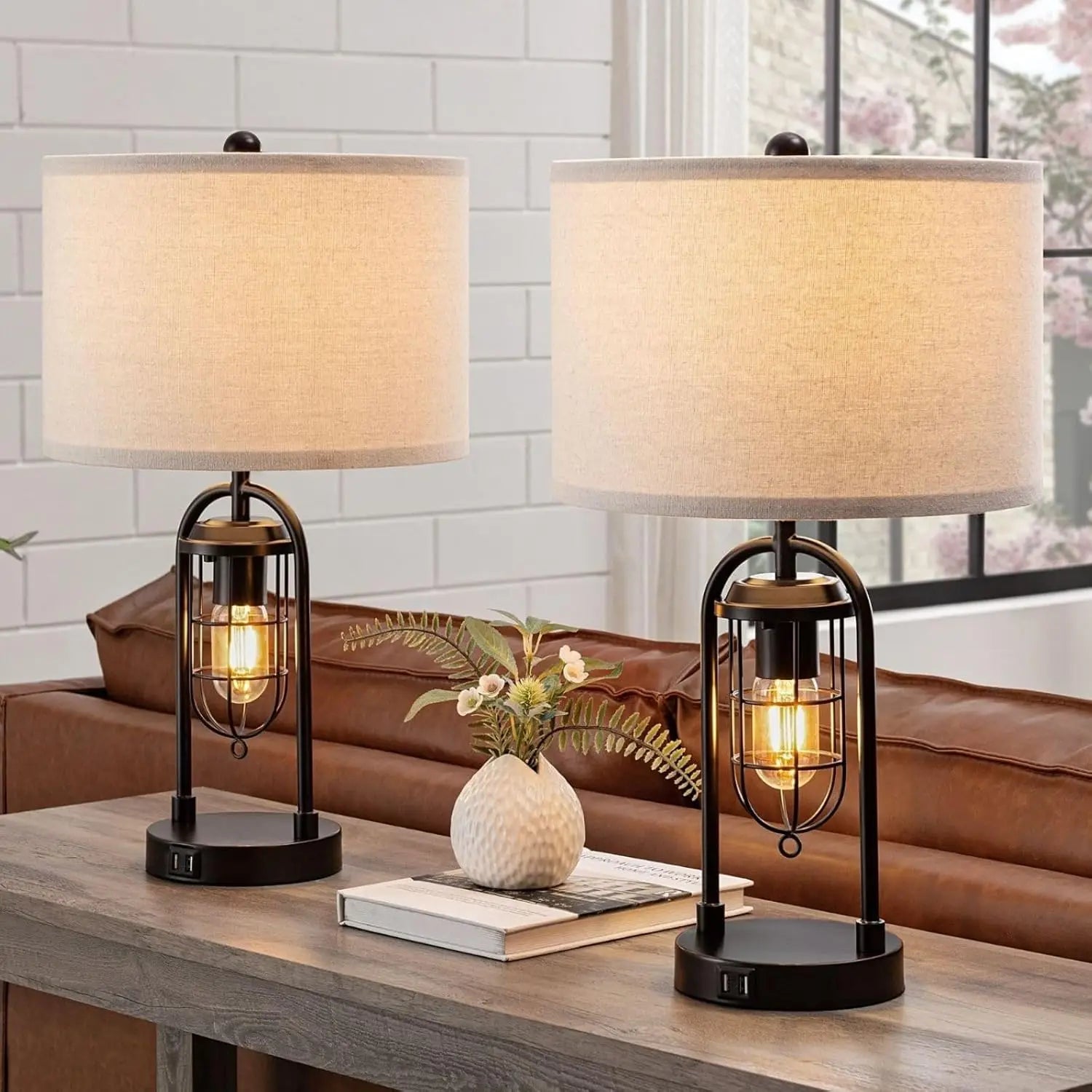 Set of 2 Modern Table Lamps with USB Ports & Night Light for Bedroom Living Room (Bulbs Included)