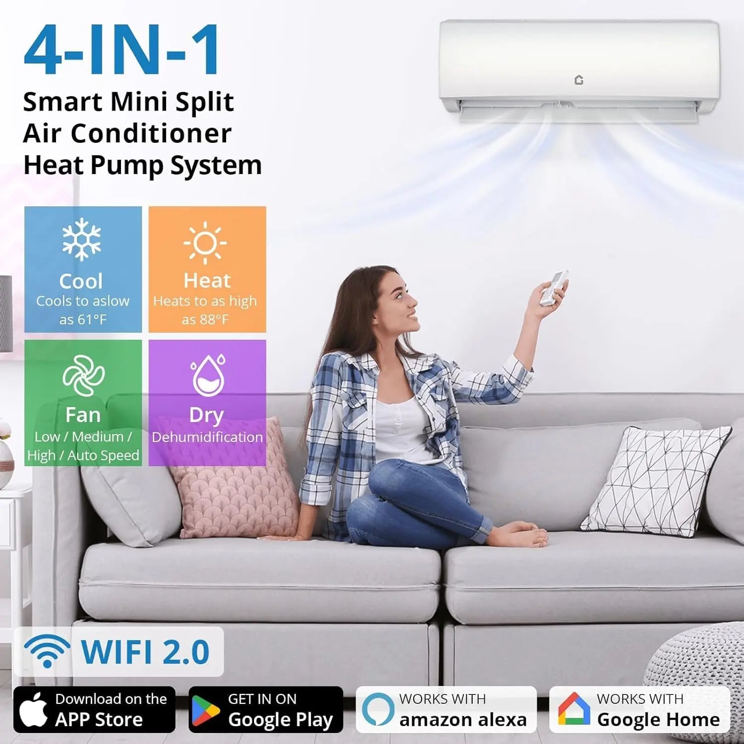 9000 BTU WiFi Mini Split AC & Heat Pump System, 20 SEER2 208-230V Ductless Air Conditioner for up to 450 Sq.Ft, Alexa Compatible
