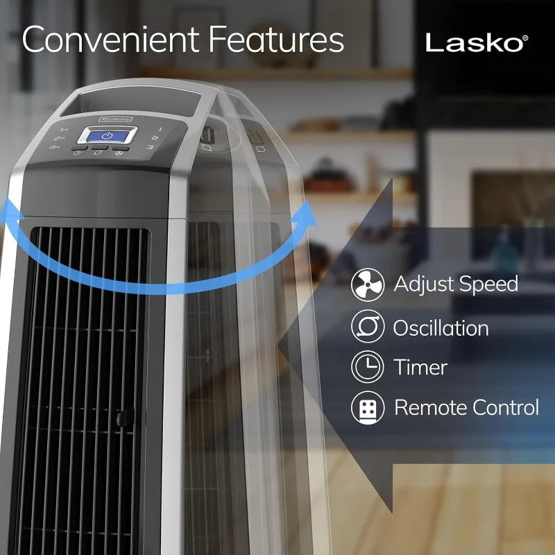 Lasko High Velocity Oscillating Tower Fan with Remote Control, Timer, 3 Powerful Speeds, 35" Silver/Black, U35115