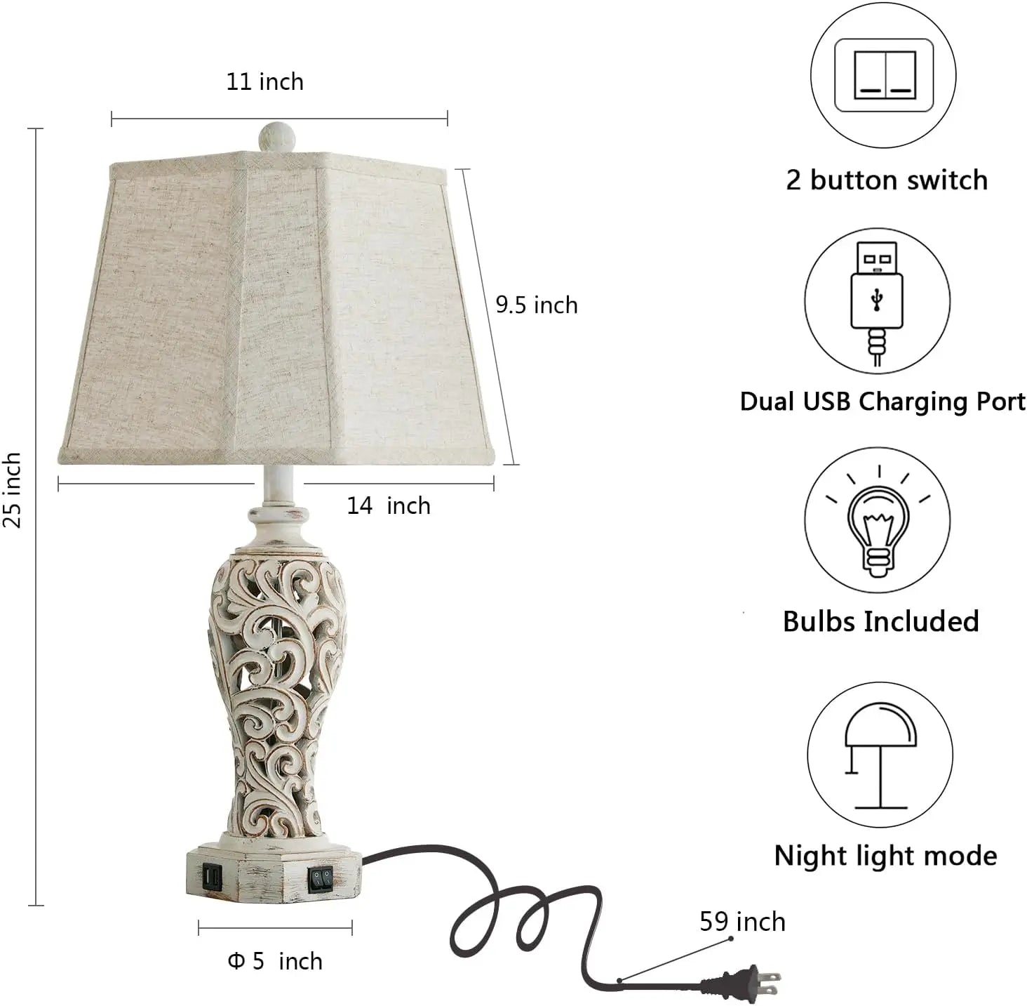 Farmhouse Table Lamps Set of 2 with USB Ports, Nightlight & Bulbs Included - Wash White