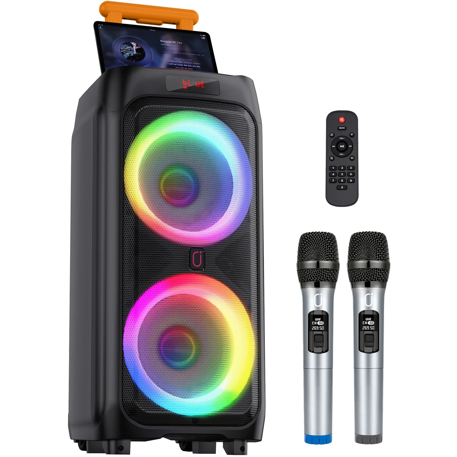 T9Karaoke Machine with 2 Wireless Microphones,Portable Bluetooth Speaker for Adults & Kids,Big Party PA System with Disco Lights