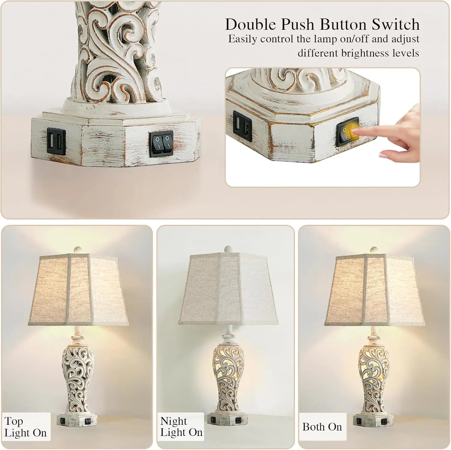 Farmhouse Table Lamps Set of 2 with USB Ports, Nightlight & Bulbs Included - Wash White