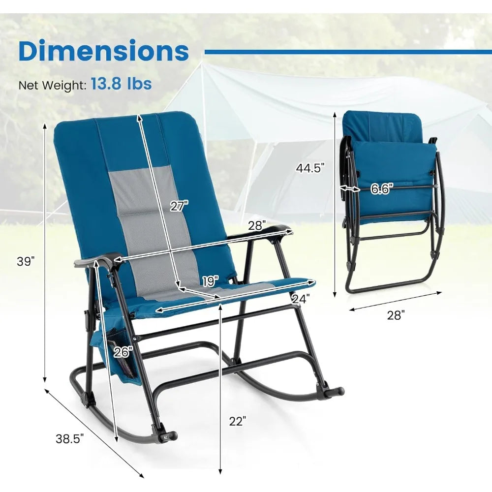 folding rocking chair, foldable camping rocking chair with padded seat high back & armrest, support 350 lbs, portable for indoo