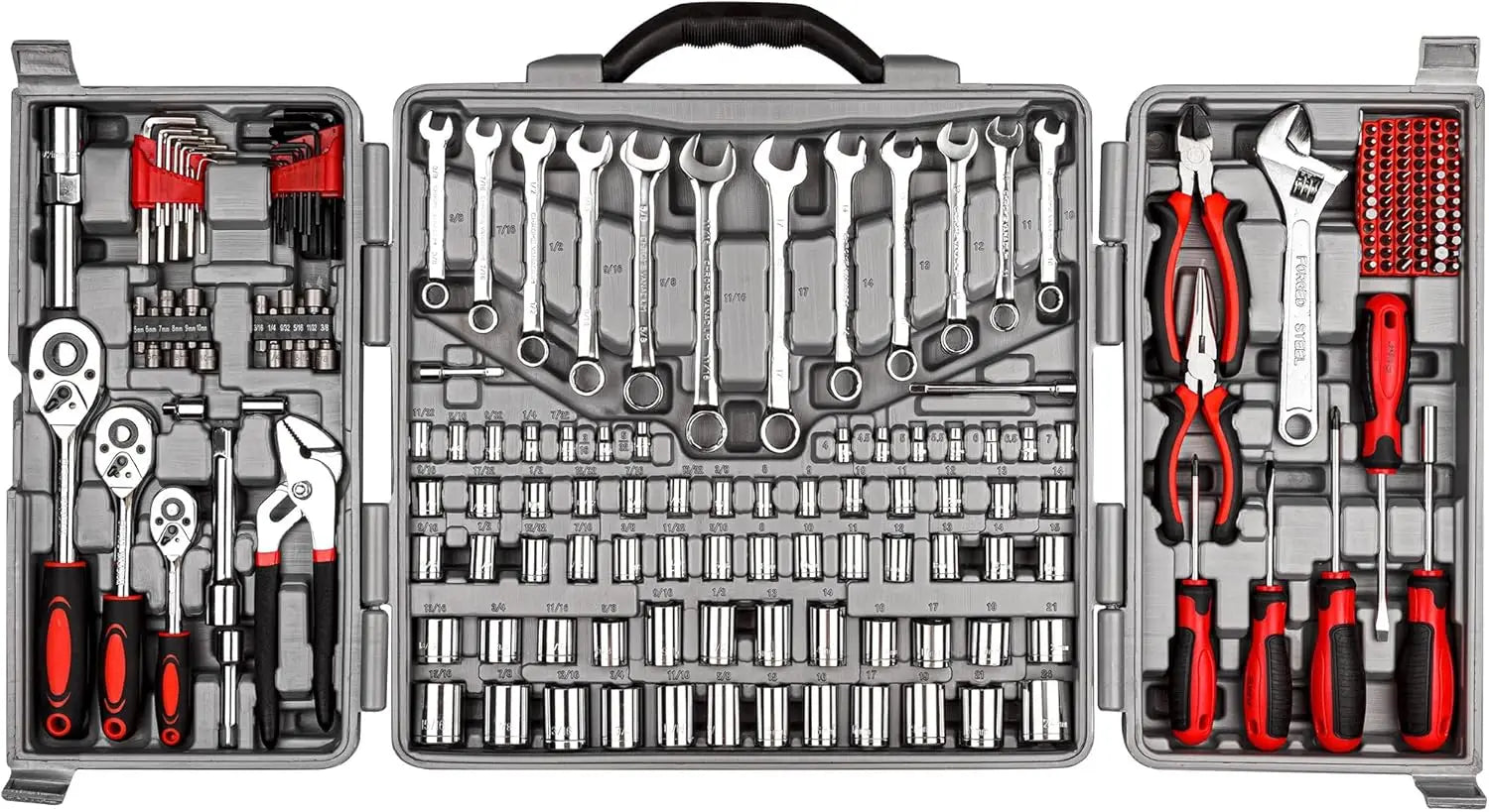 205 Piece Ratchet Wrench Tool Set 1/4" & 3/8" & 1/2" Drive with SAE/Metric Sockets Kit in Plastic Toolbox