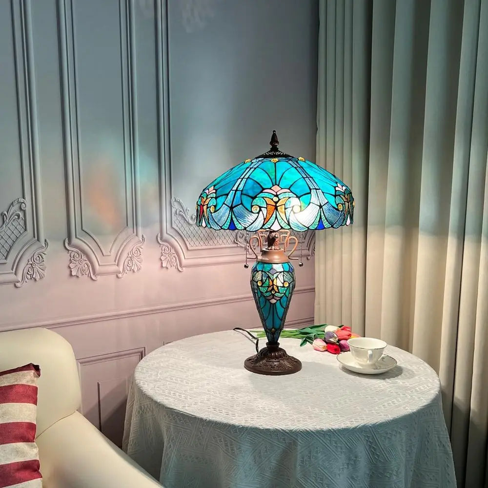 16 Inch Large Stained Glass Desk Lamp with Night Light, Victorian Sea Green Antique Style, 3-Light Living Room/Bedroom/Office Fi