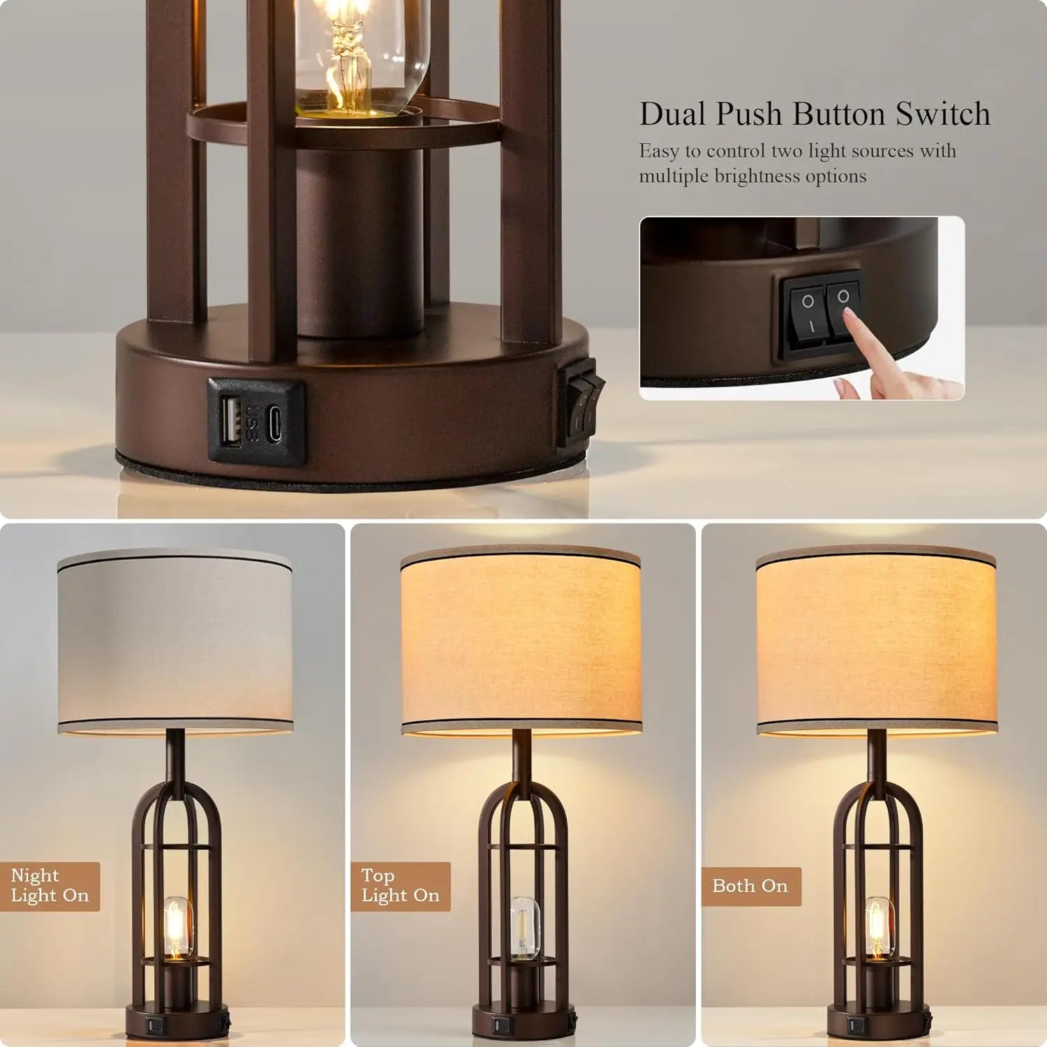 Rustic Industrial Table Lamps Set of 2 with USB Charging and Night Light, Bulbs Included for Living Room Bedroom