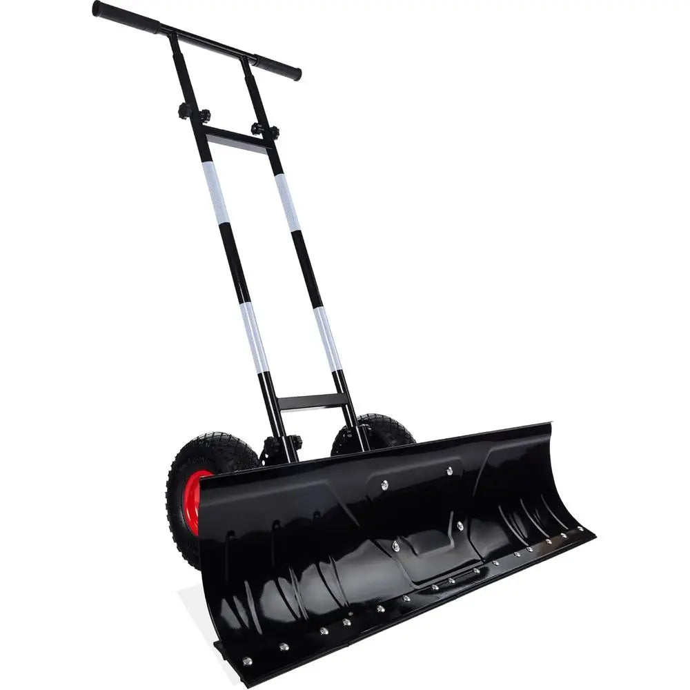 Galvanized Blade Heavy-Duty 2-Wheel Pusher Hand Plow or Removal with Wheels, Adjustable Handle, Blade Angle - Black