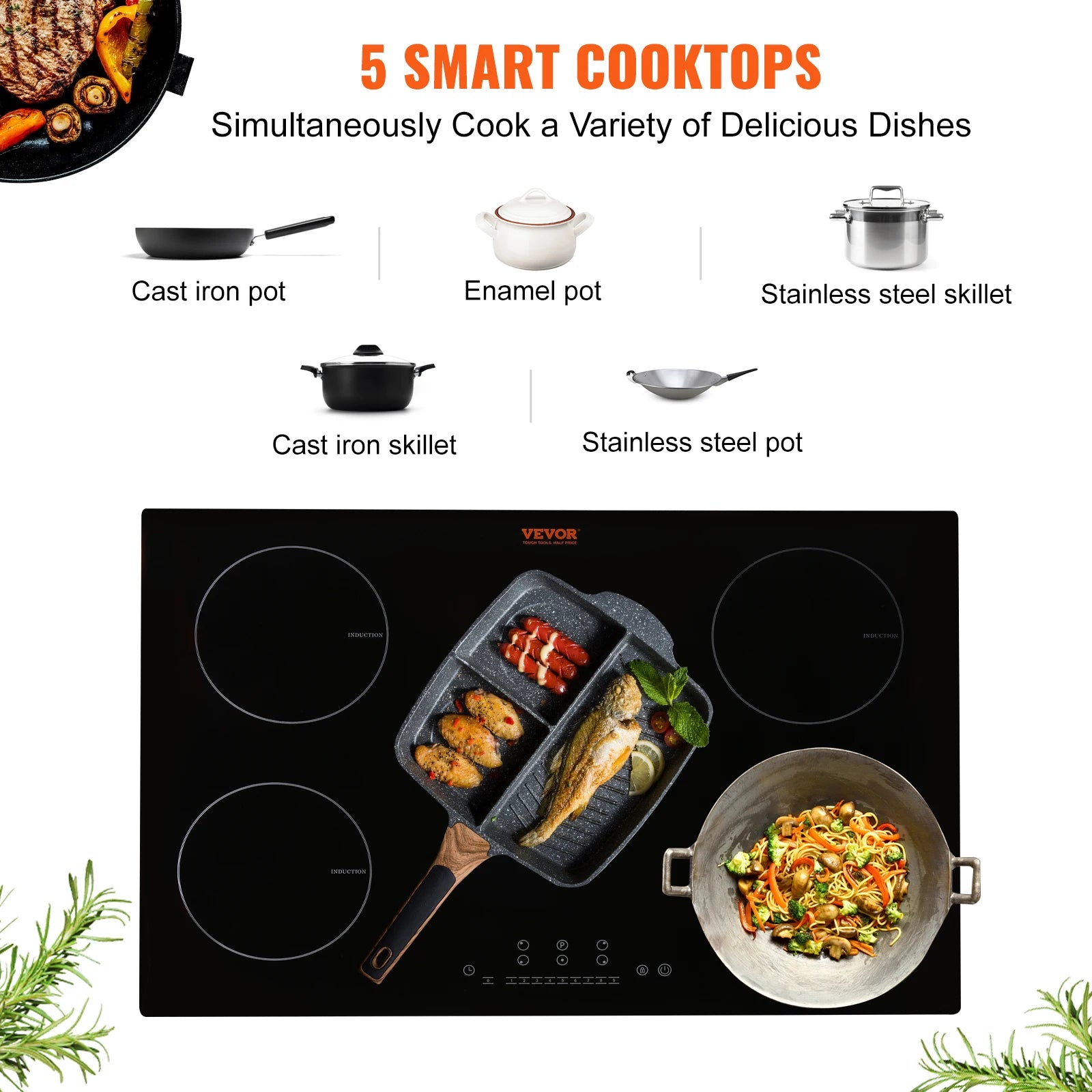 SucceBuy 5 Burners 30/36 Inch Electric Induction Cooktop Stove Hob Built-in Burner Cooker Sensor Touch Control Magnetic Cooker
