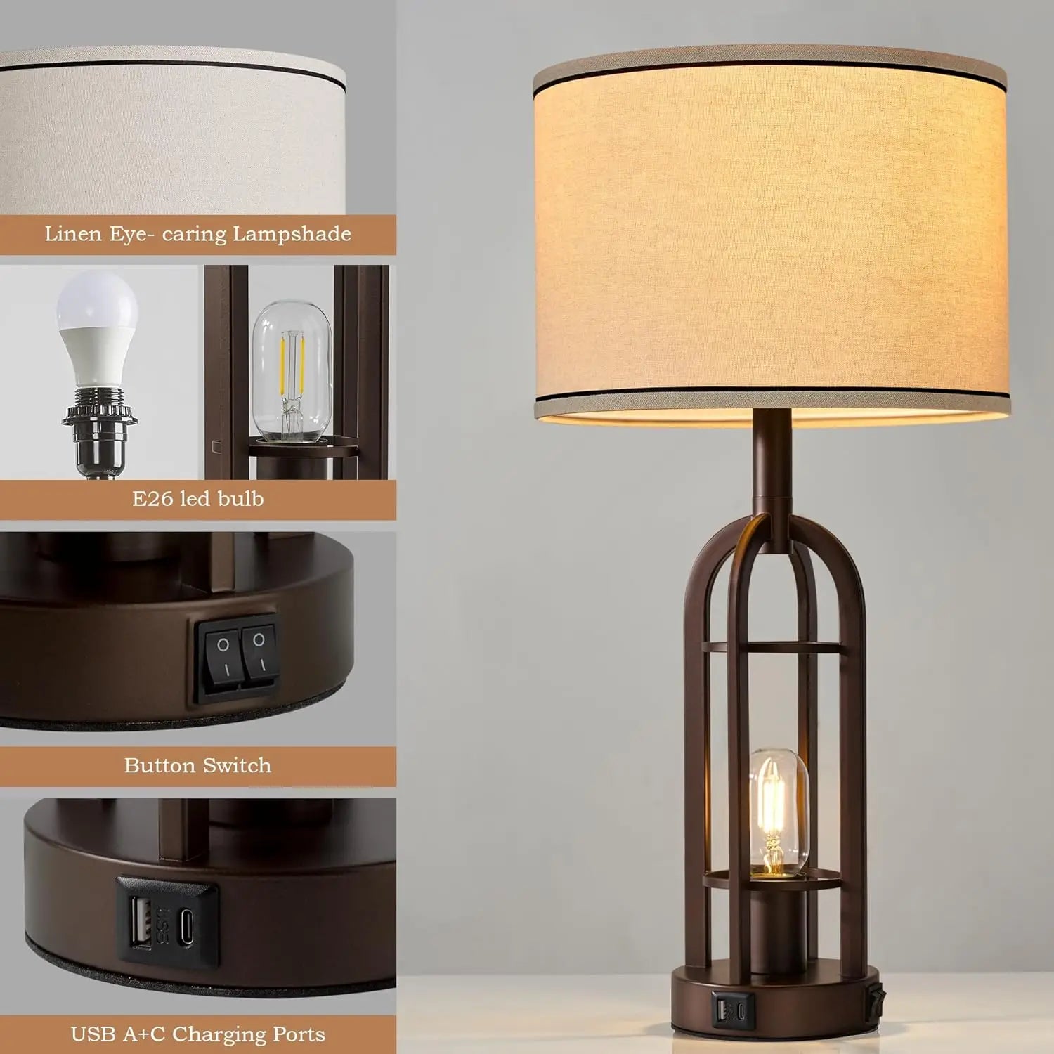 Rustic Industrial Table Lamps Set of 2 with USB Charging and Night Light, Bulbs Included for Living Room Bedroom