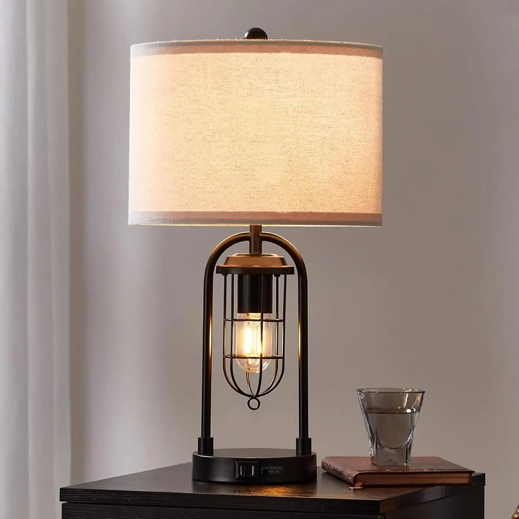 Modern Industrial Nightstand Lamp Set of 2 with USB Ports and Night Light, Includes LED Bulbs