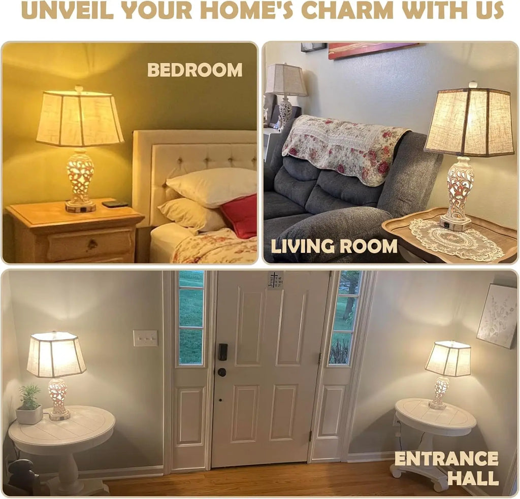 Farmhouse Table Lamps Set of 2 with USB Ports, Nightlight & Bulbs Included - Wash White