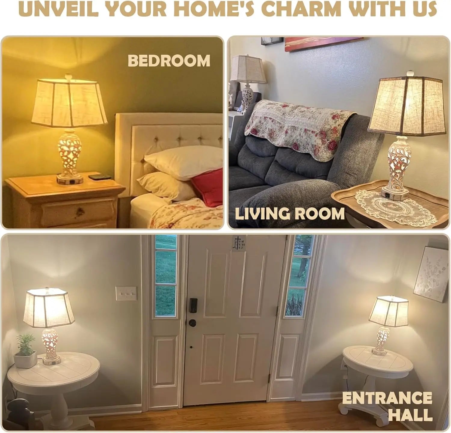 Farmhouse Table Lamps Set of 2 with USB Ports, Nightlight & Bulbs Included - Wash White