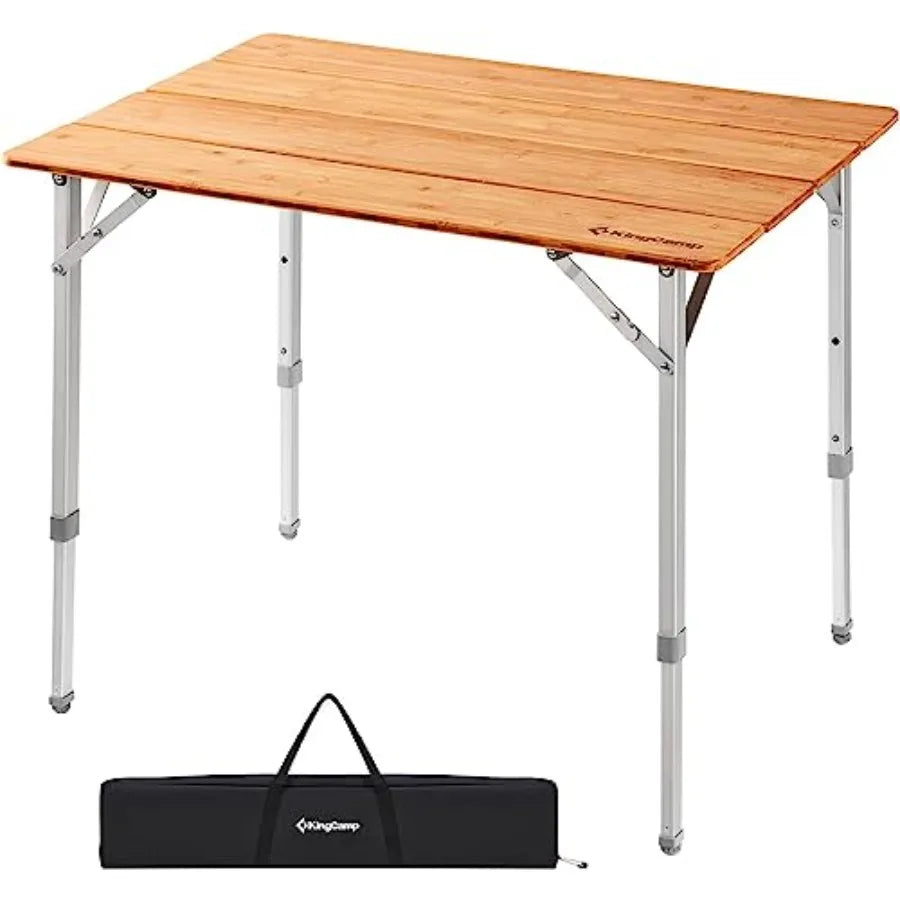 Bamboo Camping Table with Adjustable Height Aluminum Legs Heavy Duty 176lbs 4Fold Portable Foldable Camp Tables for Tr