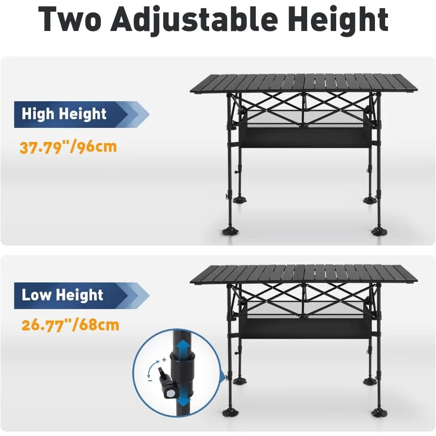 Folding Camping Table Portable Rollup Table with Adjustable Height Large Storage Bag and Carrying Bag Tall Aluminum Table for I