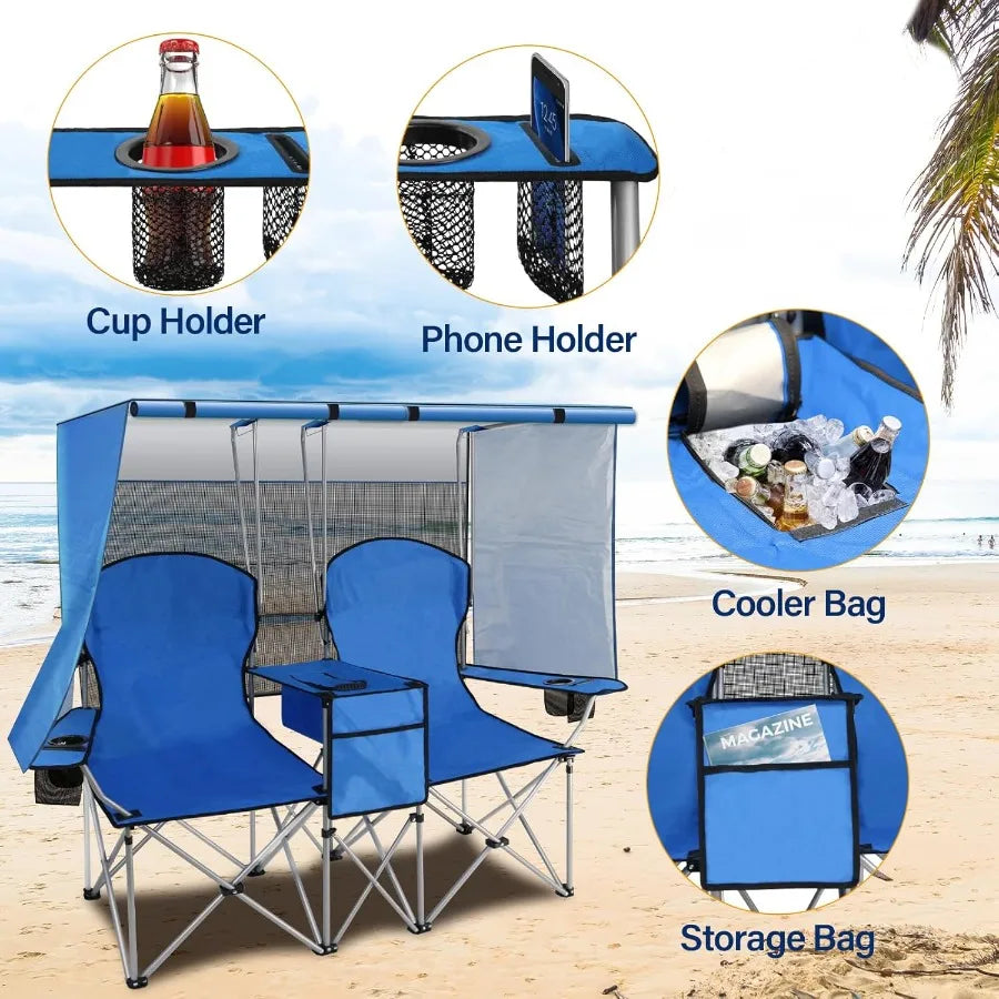 Double Camping Chair with Canopy Two Person Folding Loveseat with Shade Heavy Duty Beach Chair with Cooler Bag Cup Holder for O