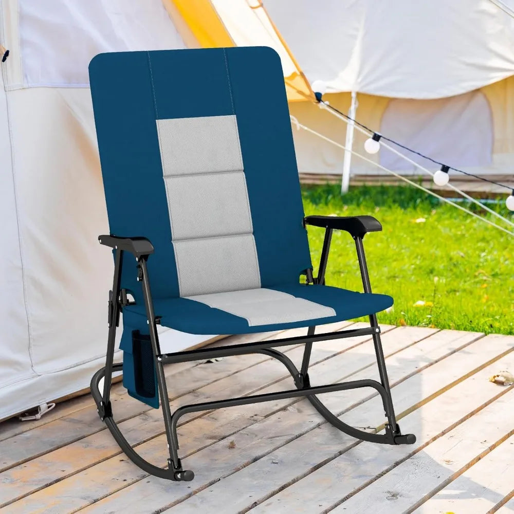 folding rocking chair, foldable camping rocking chair with padded seat high back & armrest, support 350 lbs, portable for indoo