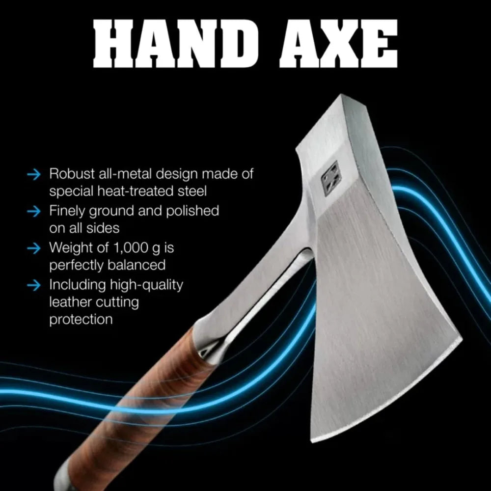 Hand Axe, Forged All-Metal Hatchet with Leather Handle & Belt Bag – Sharp Heat-Treated Steel Blade, Includes Leather Shea