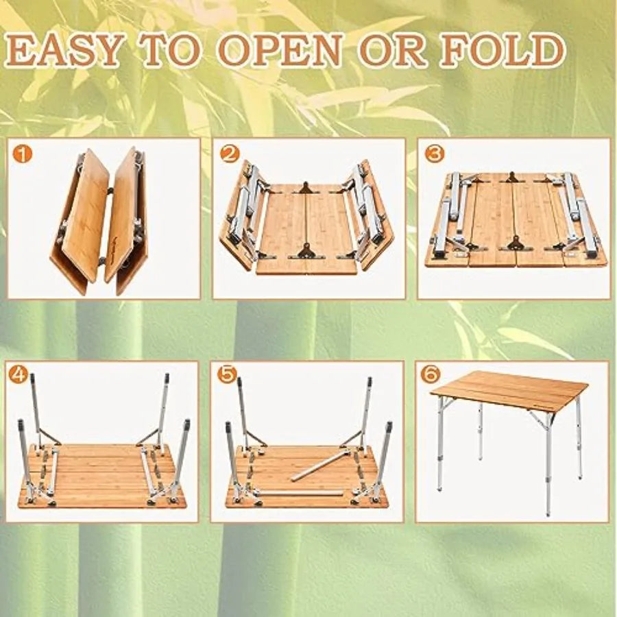 Bamboo Camping Table with Adjustable Height Aluminum Legs Heavy Duty 176lbs 4Fold Portable Foldable Camp Tables for Tr