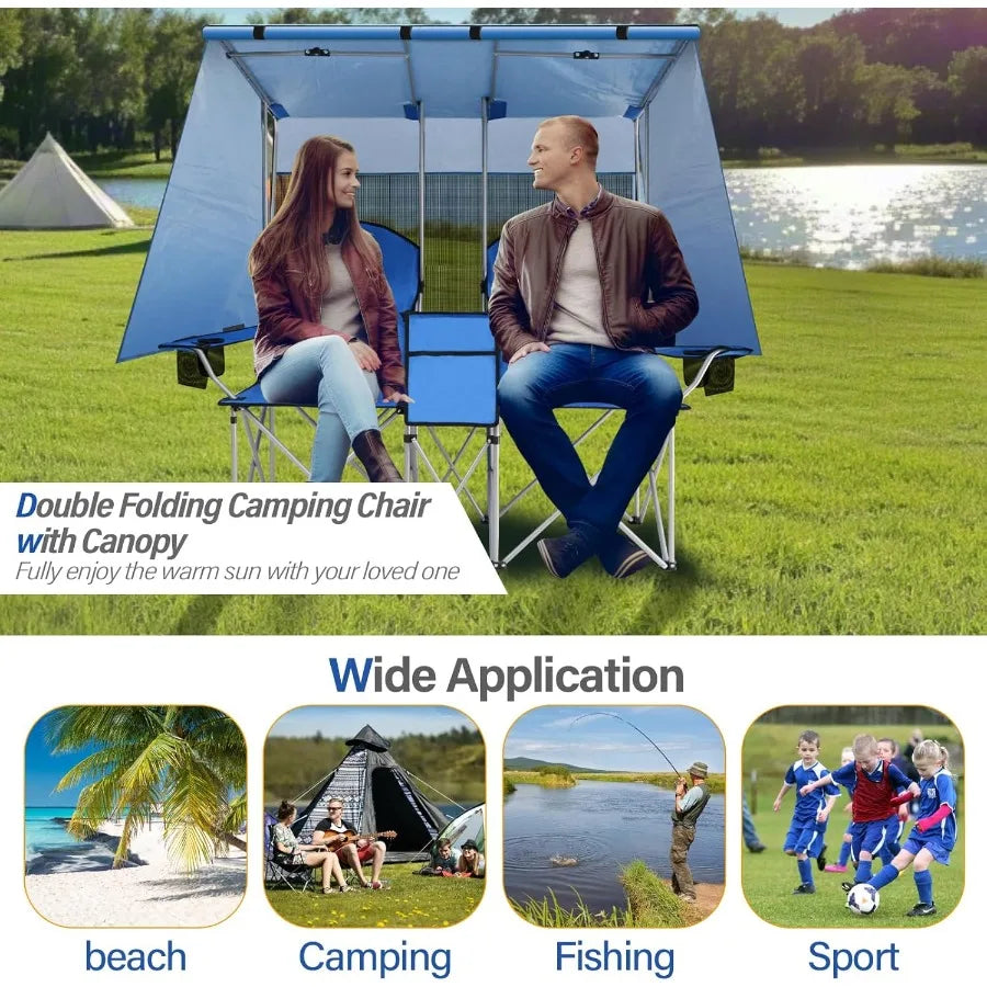 Double Camping Chair with Canopy Two Person Folding Loveseat with Shade Heavy Duty Beach Chair with Cooler Bag Cup Holder for O