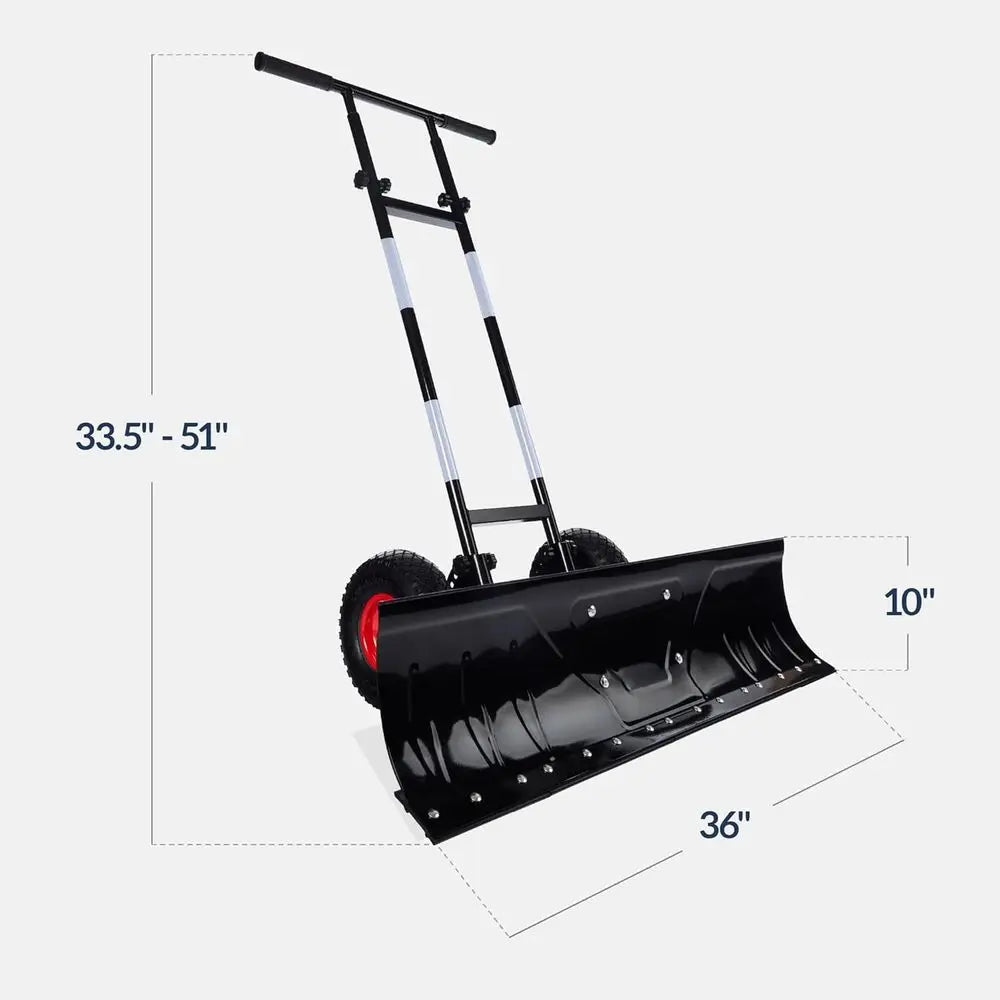 Galvanized Blade Heavy-Duty 2-Wheel Pusher Hand Plow or Removal with Wheels, Adjustable Handle, Blade Angle - Black