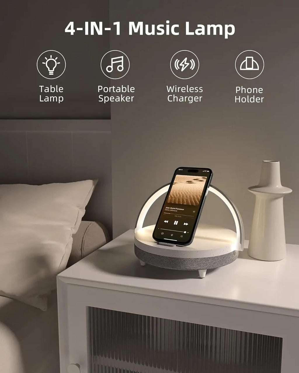 4-in-1 Portable Bluetooth Speaker with Wireless Charger, Dimmable Night Light, and Phone Holder - Perfect Gift for All