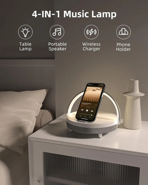 4-in-1 Portable Bluetooth Speaker with Wireless Charger, Dimmable Night Light, and Phone Holder - Perfect Gift for All