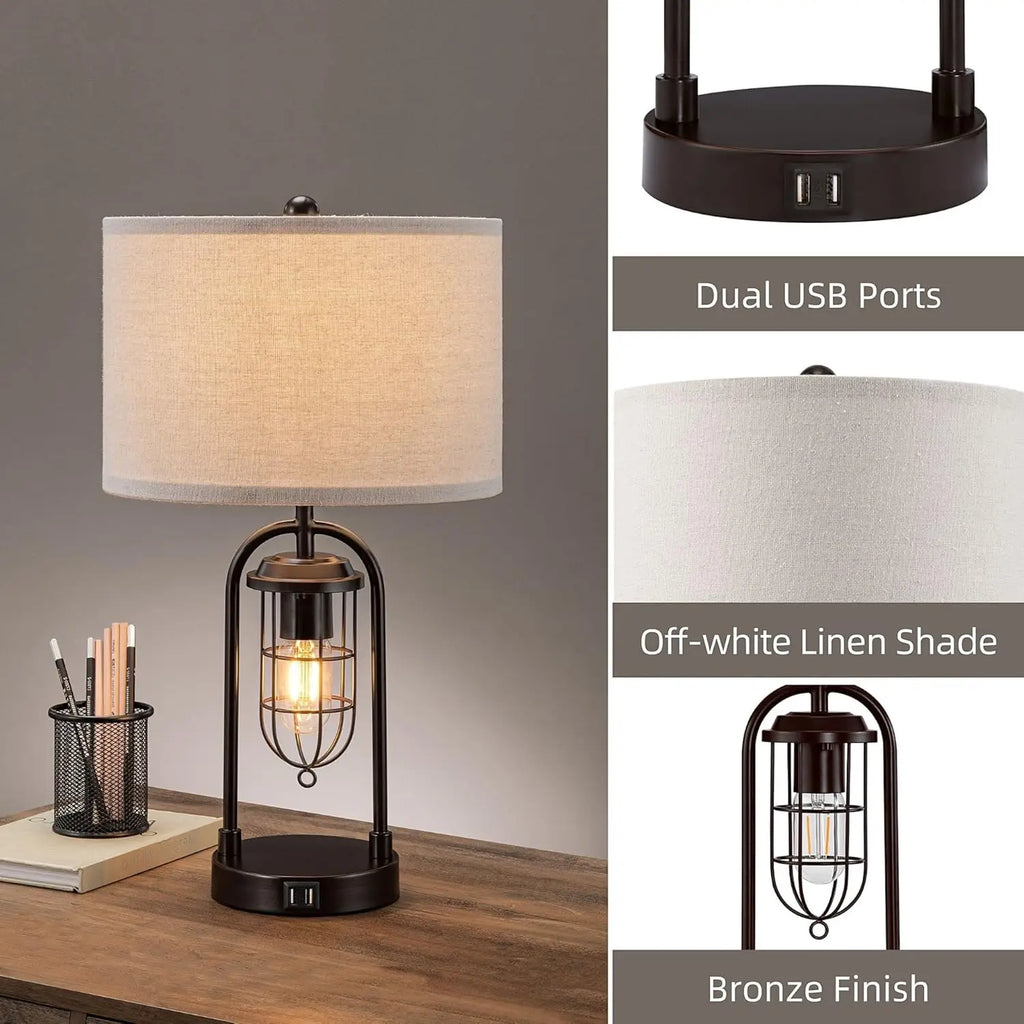 Set of 2 Modern Farmhouse Table Lamps with USB Ports and Night Light for Living Room Bedroom (Bulbs Included)