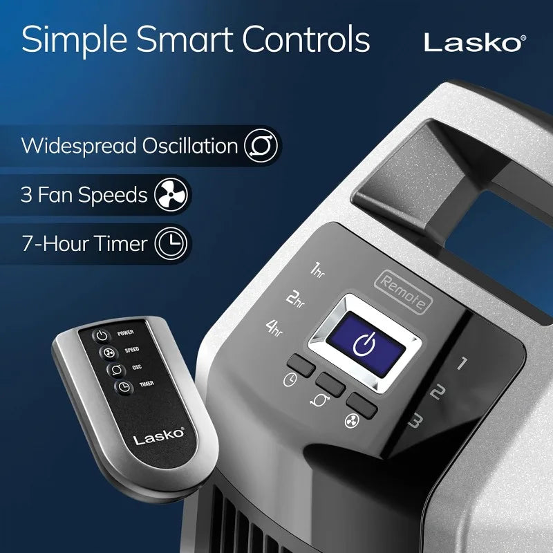 Lasko High Velocity Oscillating Tower Fan with Remote Control, Timer, 3 Powerful Speeds, 35" Silver/Black, U35115