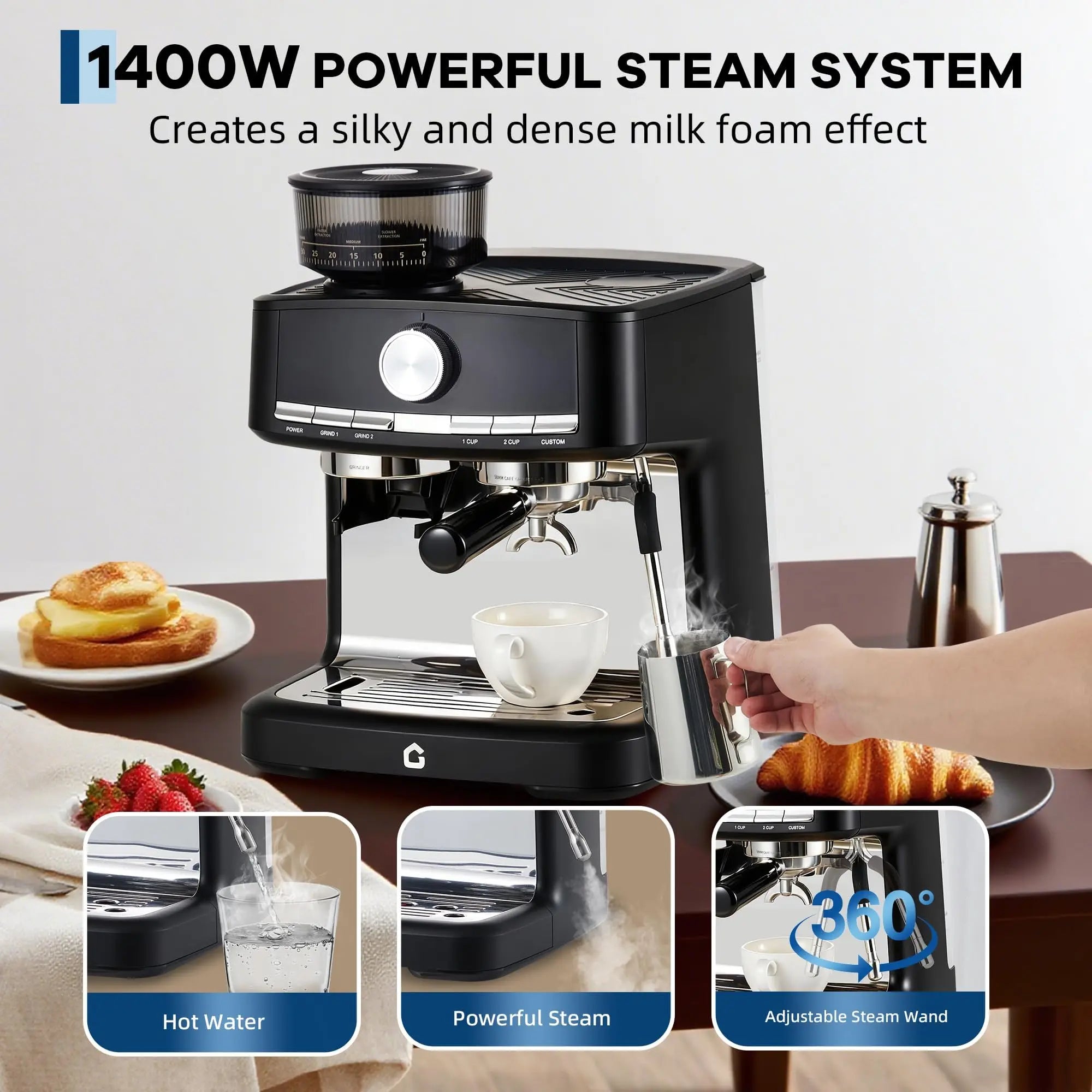 20B Machine, Stainless Steel Expresso Coffee Maker with 1.5L Removable Water Tank, Professional for Latte/Cappuccino