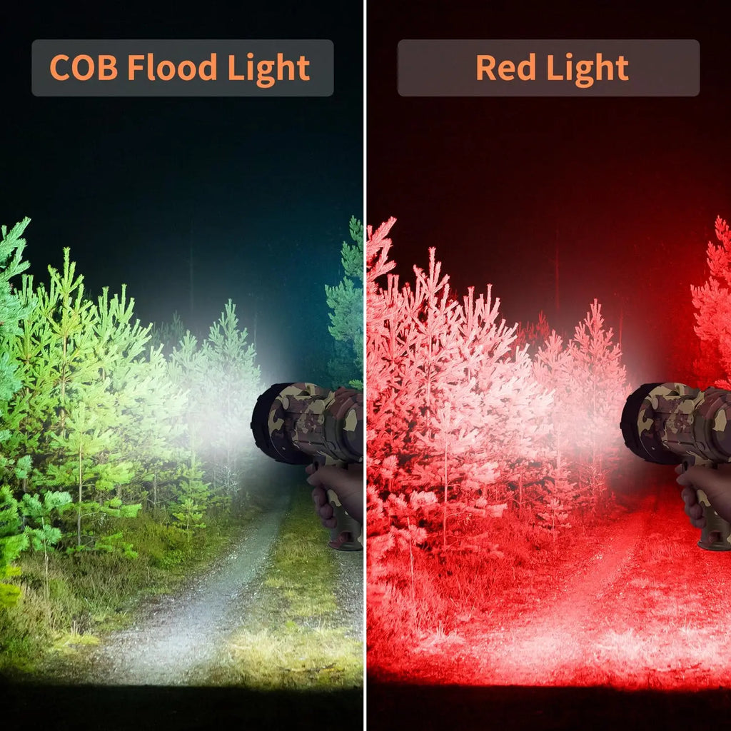 Rechargeable 1000000 Lumen Spotlight Flashlight, IP67 Waterproof COB Handheld Camping Lantern with Red Filter - Camouflage Gray