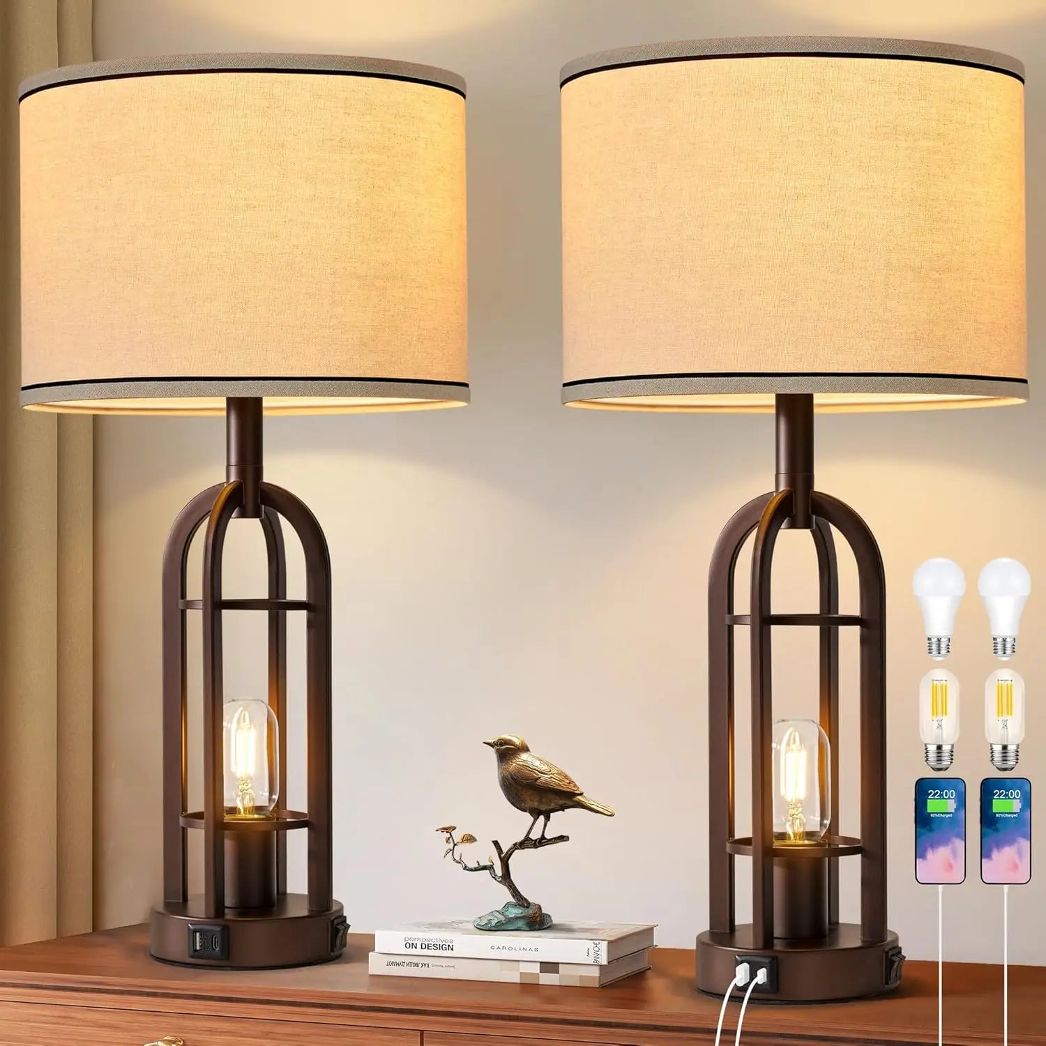 Rustic Industrial Table Lamps Set of 2 with USB Charging and Night Light, Bulbs Included for Living Room Bedroom